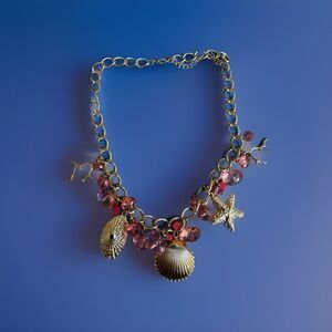 Gold Tone Nautical Charm Statement Necklace Seashell Starfish Coral Crystal Bead